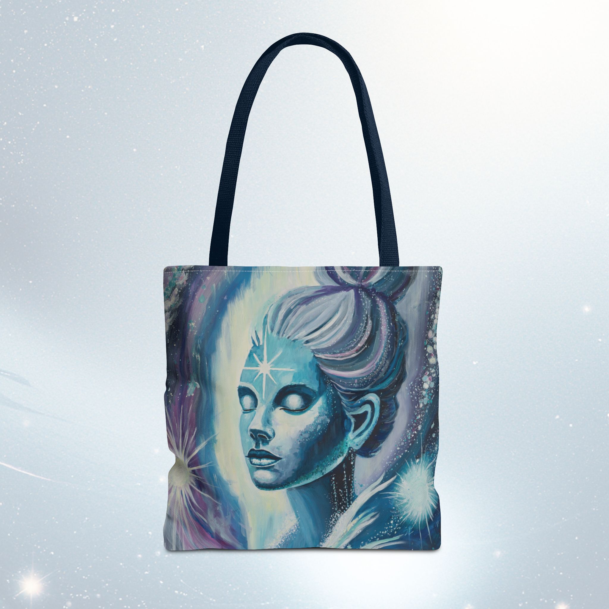 Tote bag med blå gudinne og stjerne i pannen – Gaia’s Ascension motiv