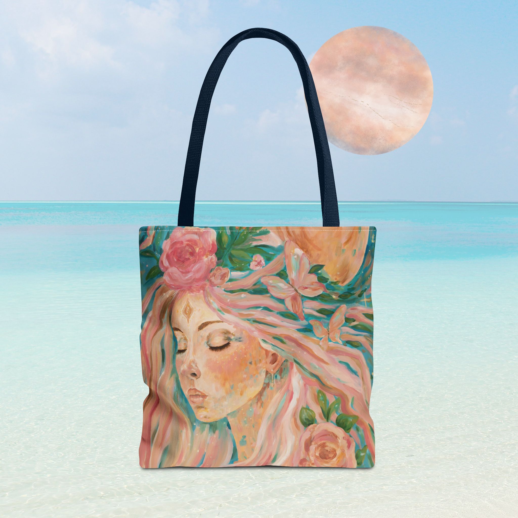tote bag med kunstmotiv av feminin kvinne og blomster – Venus energi, skjønnhet og feminin kraft