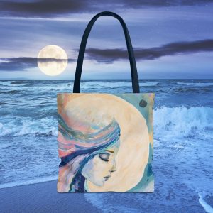 tote bag med kunstmotiv av månegudinne i fullmånen – indre ro, transformasjon og feminin energi