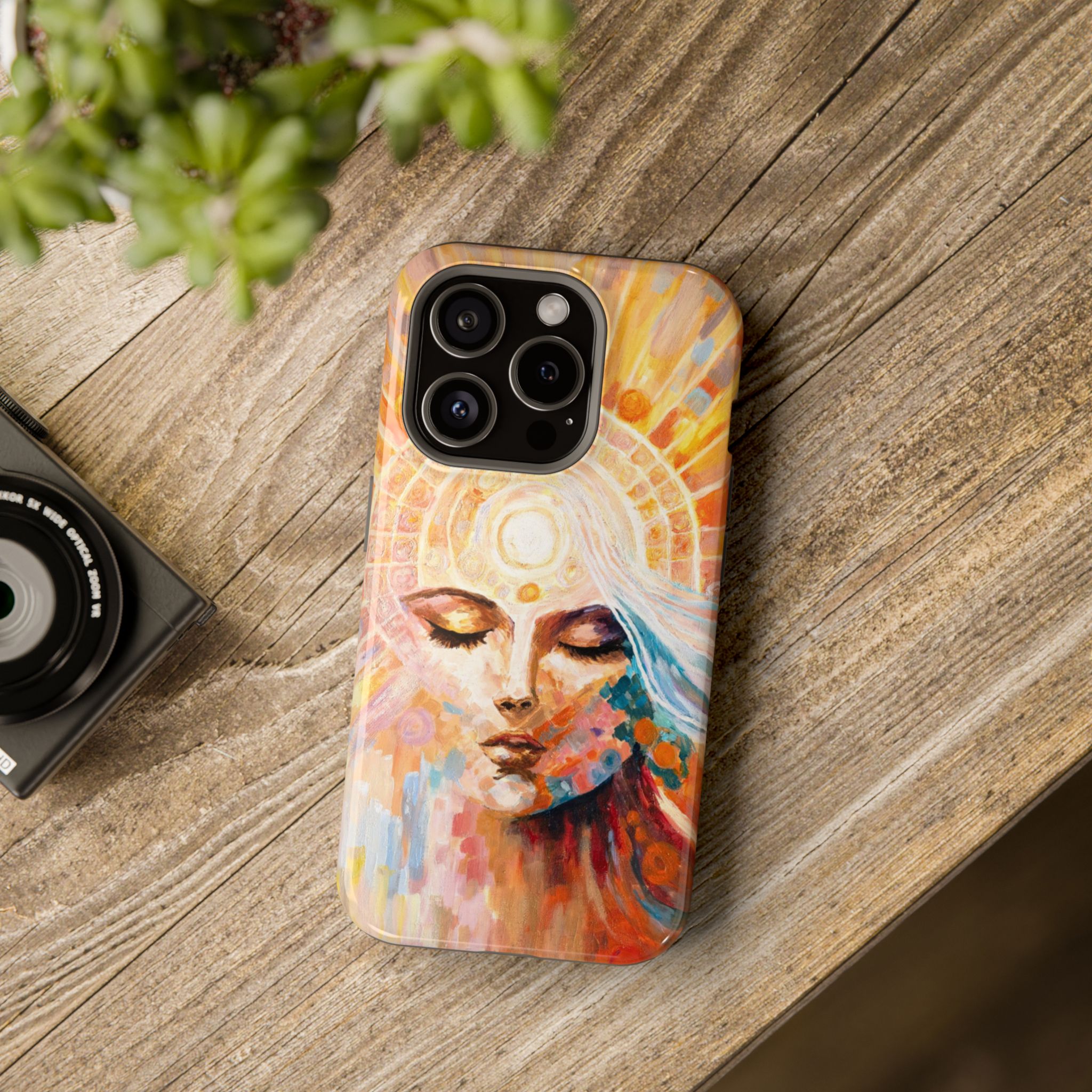 Mobildeksel med kunstmotiv av Aurelia – solgudinne, gule toner og strålende lys fra kronechakra