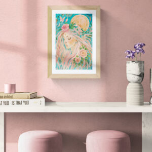 Venus Embodiment kunstprint av gudinne med blomster og gylden måne i myke pastelltoner.