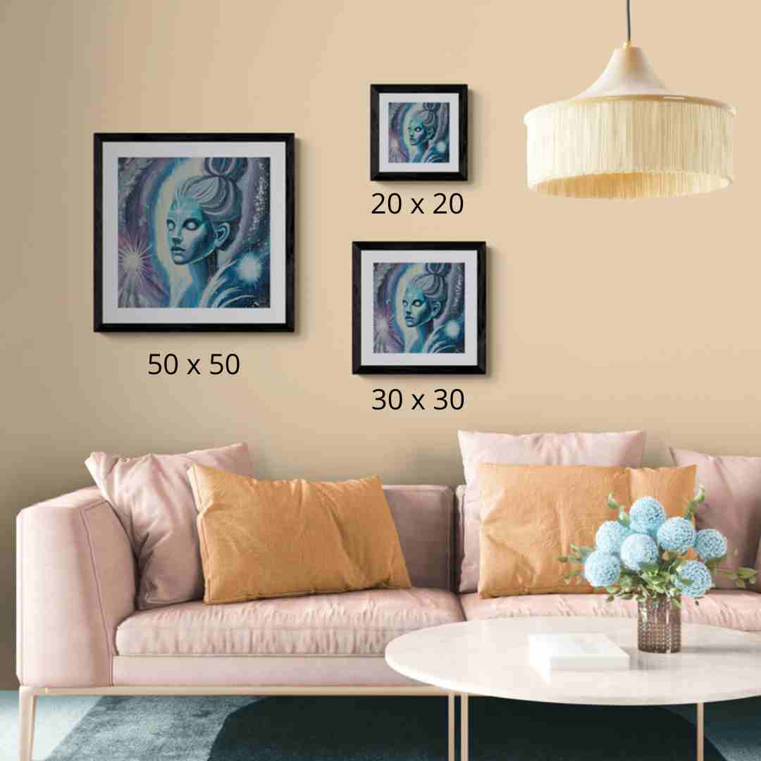 Gaia kunstprint i ulike størrelser på vegg – spirituell kunst med kosmisk tilhørighet og rolig energi